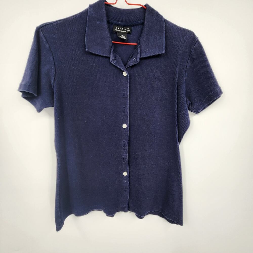 The Limited Navy Blue Button Front Shirt Women Med Short Sleeve Cotton Korea VTG